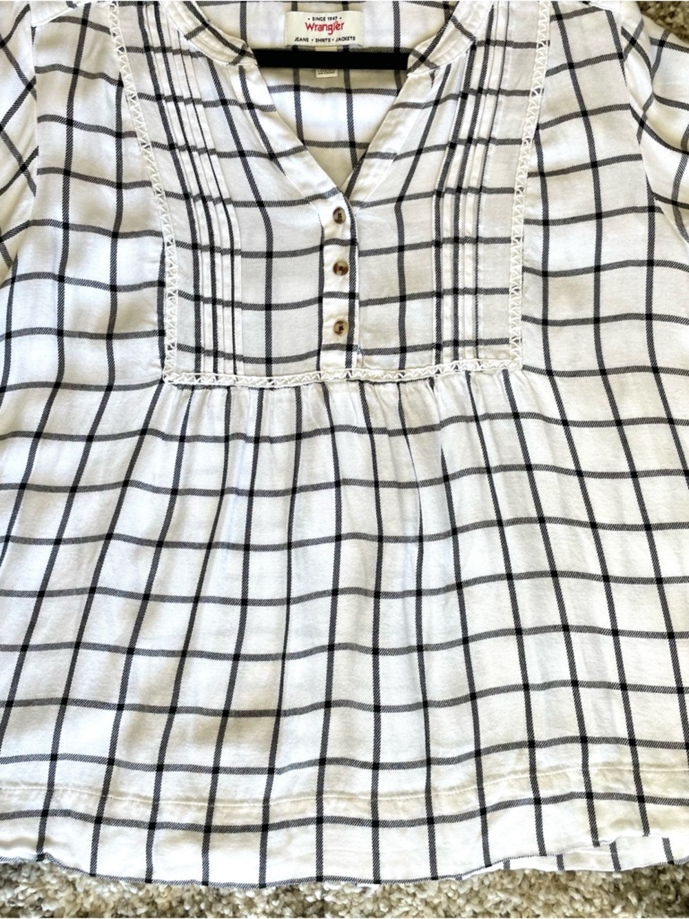 Wrangler Women’s Plaid Blouse Medium- Black & White Windowpane Pintuck Boho Top - Picture 9 of 13